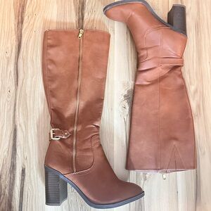 Brown cognac high heeled boots
